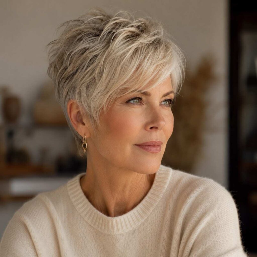Elegant older woman with a modern layered pixie haircut showing piecey texture and volume at the crown