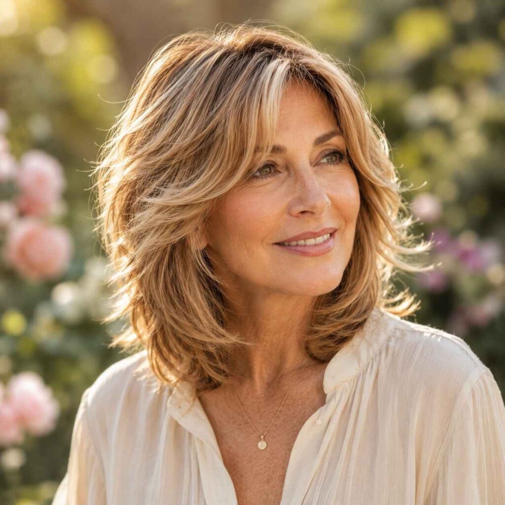 Beautiful older woman with a soft feathered haircut and face-framing layers in honey-blonde with highlights