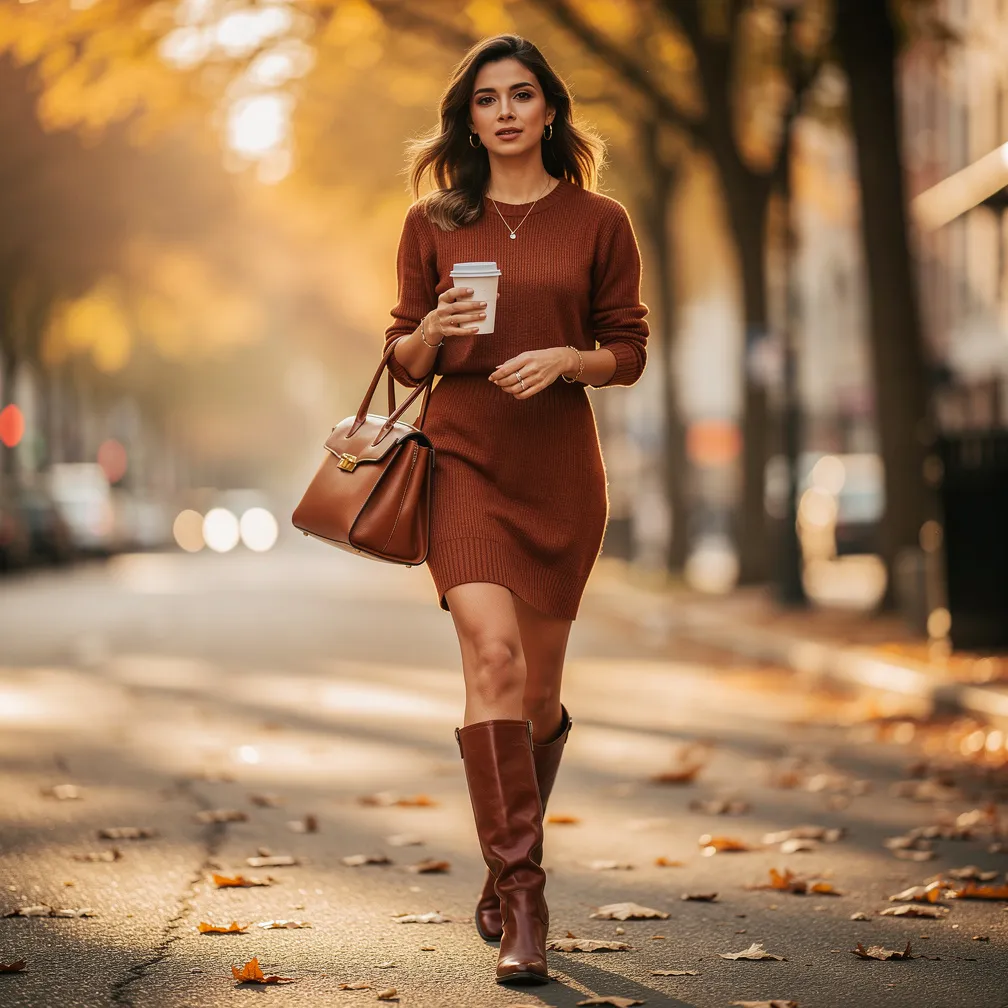 Sweater dress + knee-high boots + structured tote. 