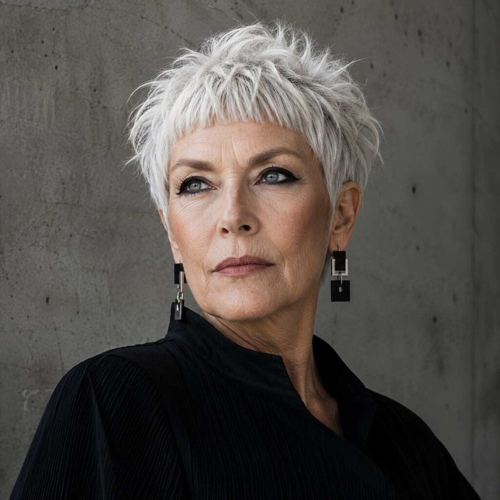 Bold artistic older woman with a textured crop haircut and micro bangs in platinum white-silver