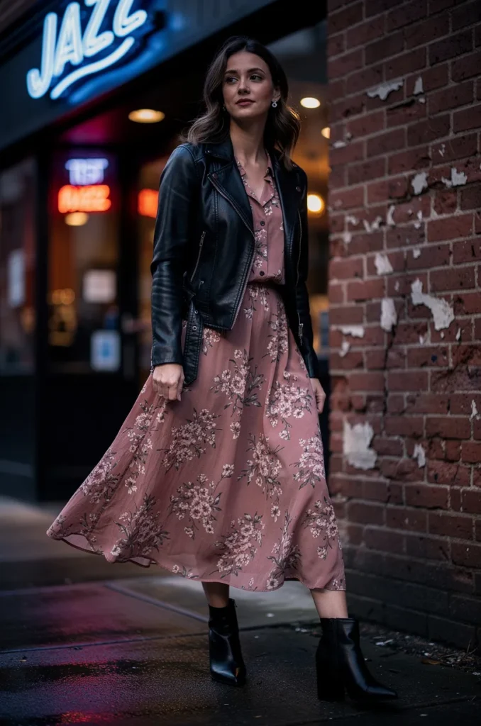 Midi dress + leather jacket + ankle boots. 
