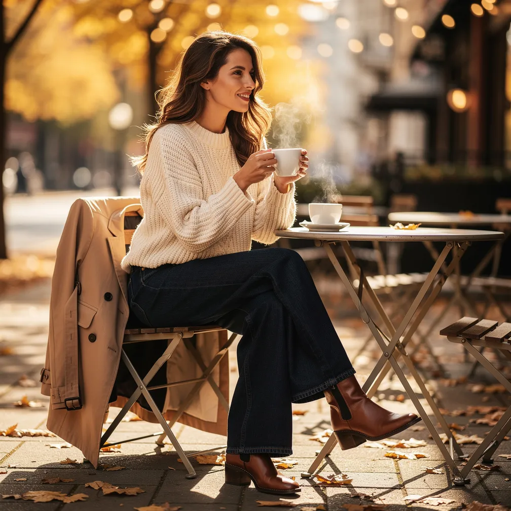 Wide-leg jeans + chunky knit + ankle boots. 