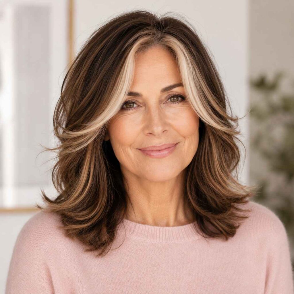 Radiant older woman with a layered haircut and bright money piece highlights framing her face