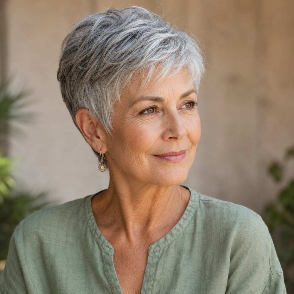 Empowered older woman with a tapered pixie haircut embracing natural silver-grey hair beautifully
