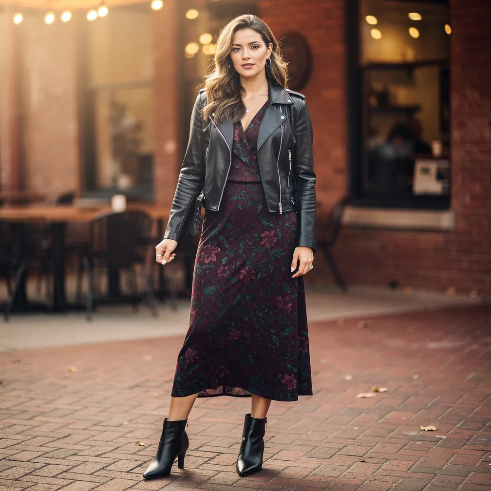 Maxi dress + leather jacket + boots. 