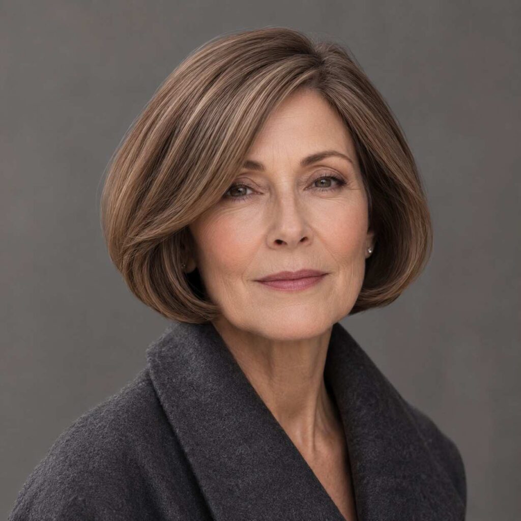 Refined older woman with a soft mushroom bob haircut in cool mushroom-brown with dimensional highlights