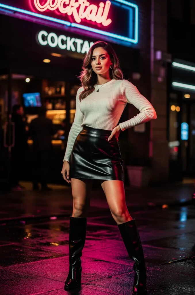 Leather (or faux) mini skirt + fitted knit + boots. 
