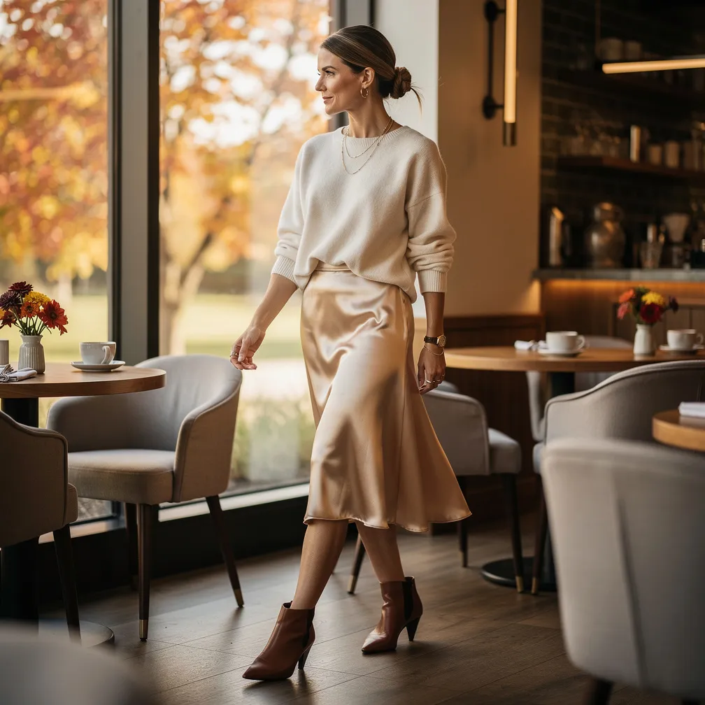 Slip skirt + cozy sweater + ankle boots. 