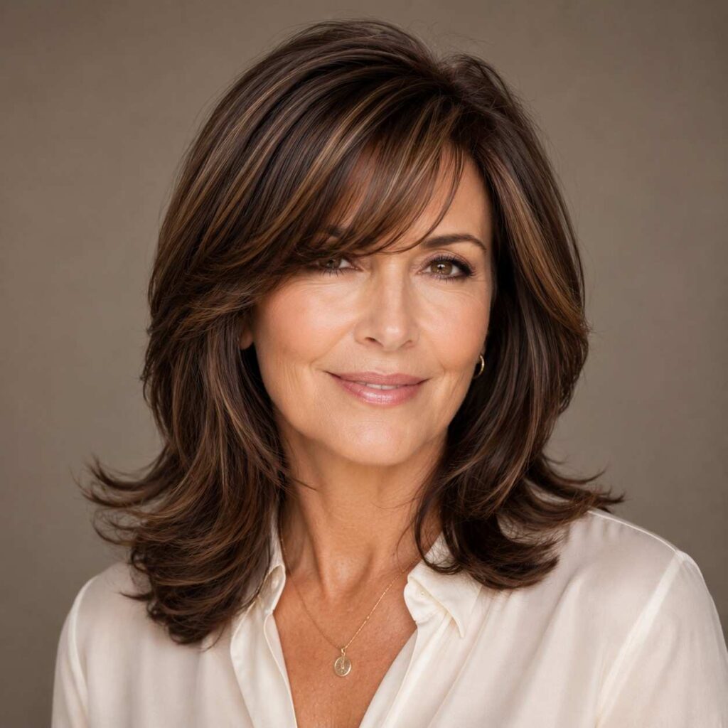 Elegant older woman with a layered mid-length haircut and side-swept bangs in espresso brown with caramel highlights