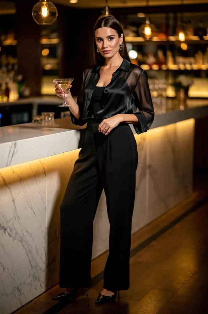 Black trousers + sheer blouse + heels. 