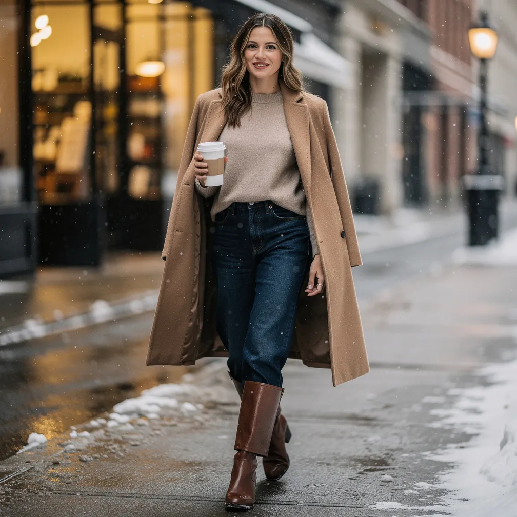 Sweater + wide-leg jeans + knee-high boots. 