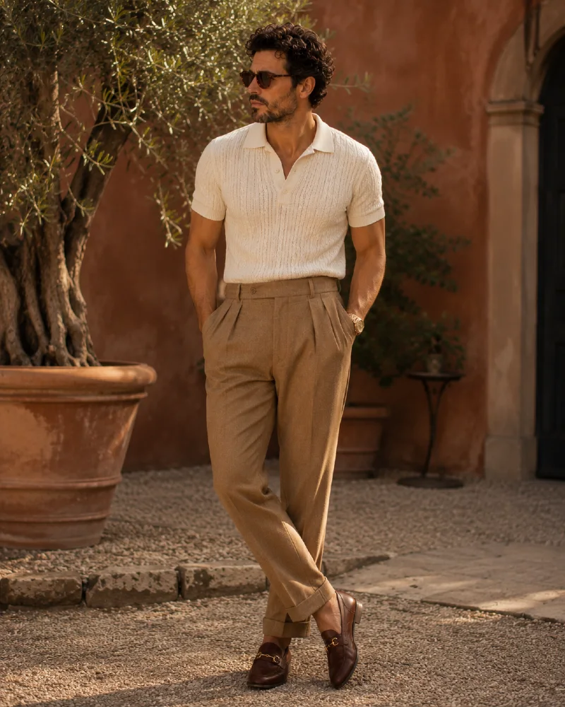The Knit Polo and Pleated Trousers