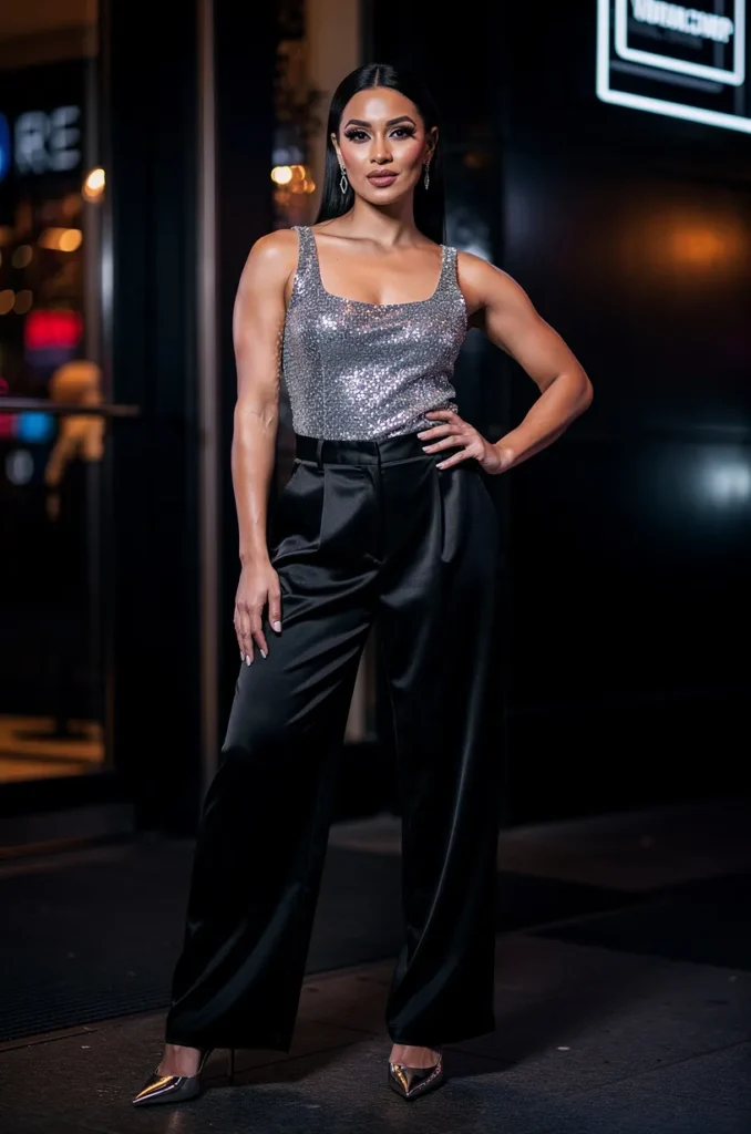 Sequin or metallic top + black trousers + sleek heels. 