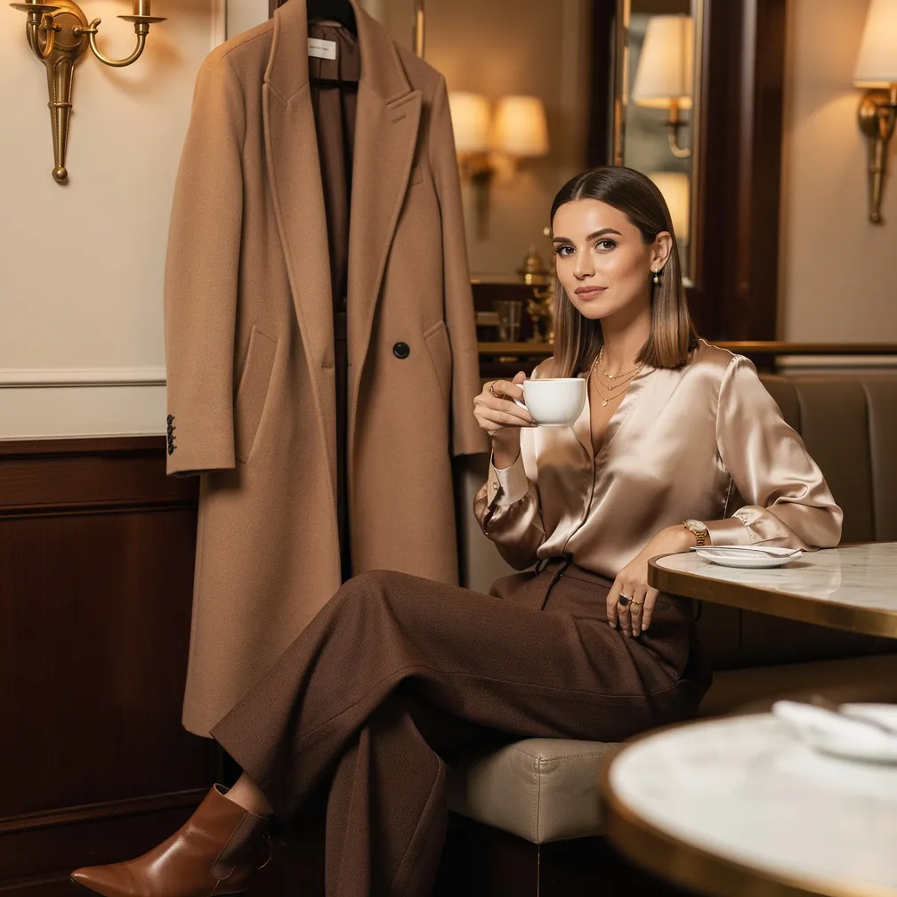 Wool trousers + silk blouse + ankle boots. 