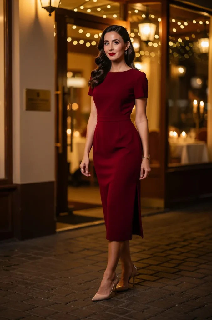 Red fitted midi dress + nude heels + red lip. 