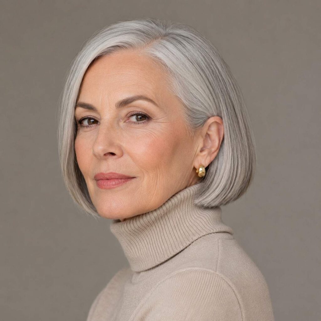 Sophisticated older woman with a sleek chin-length blunt bob haircut in glossy silver-grey