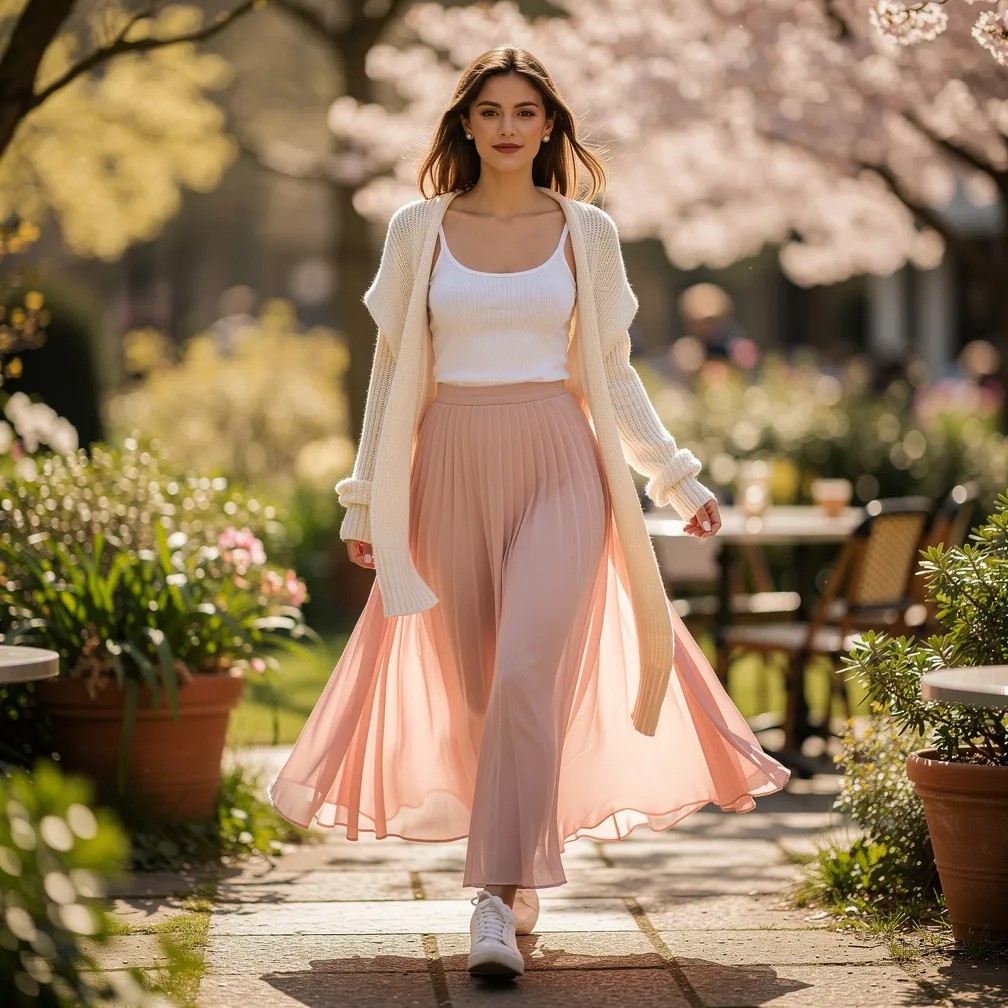 Maxi skirt + ribbed tank + cardigan. 