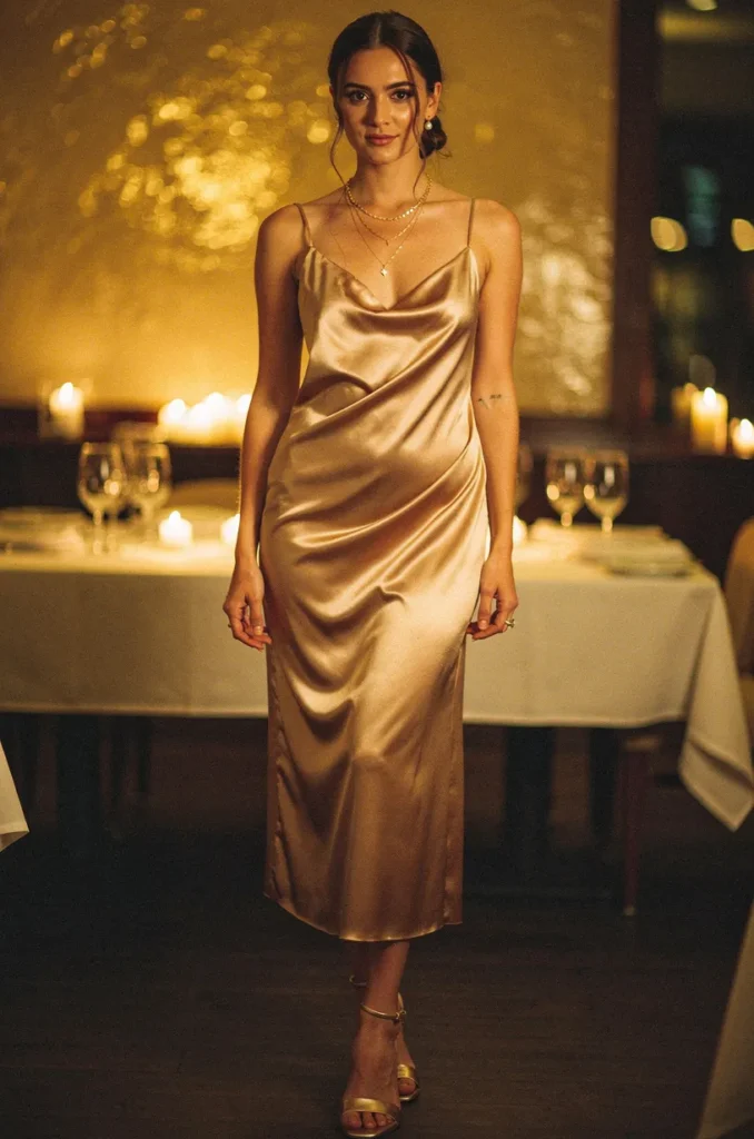Cream or champagne slip dress + heels + delicate jewellery.