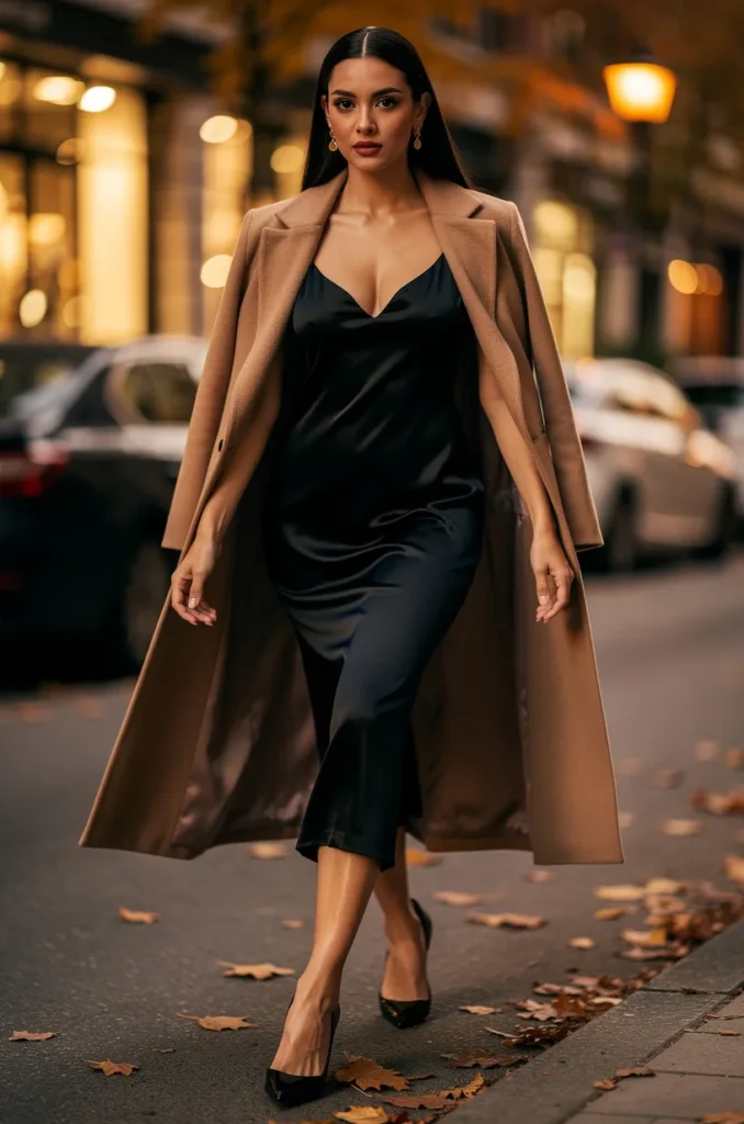 Black slip dress + statement coat + heels. 
