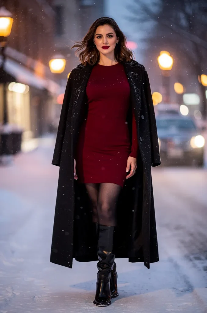 Long-sleeve mini dress + tights + knee-high boots. 