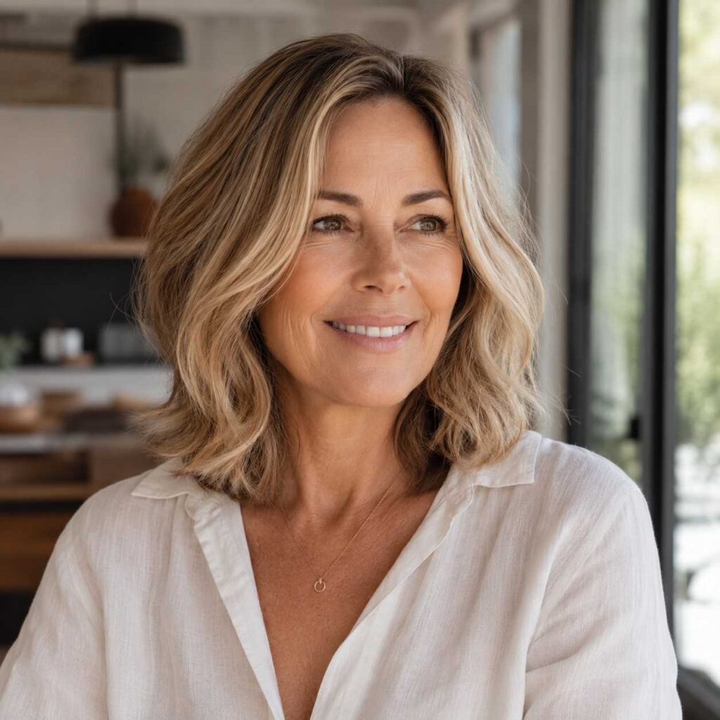 Confident older woman with a soft layered lob haircut in warm honey-blonde with natural waves