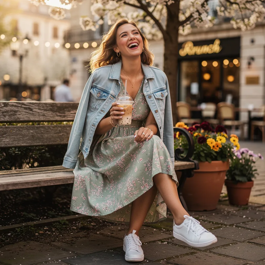 Floral midi dress + denim jacket + sneakers. 