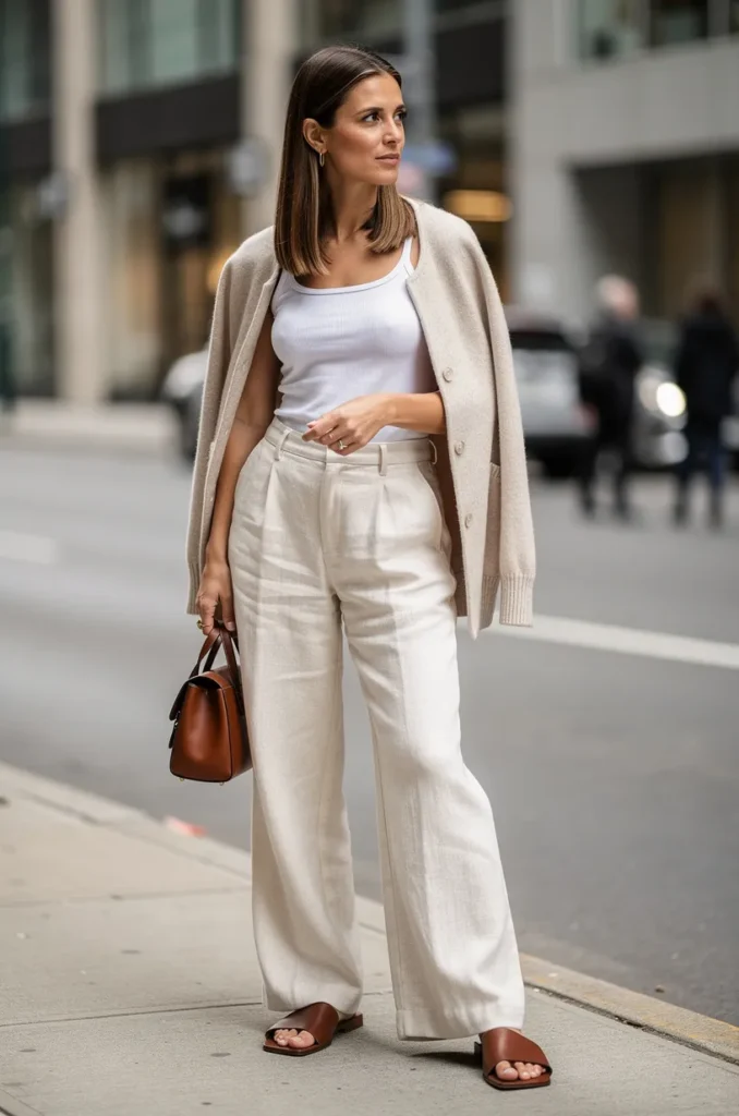 Wide-leg trousers + ribbed tank + light cardigan.