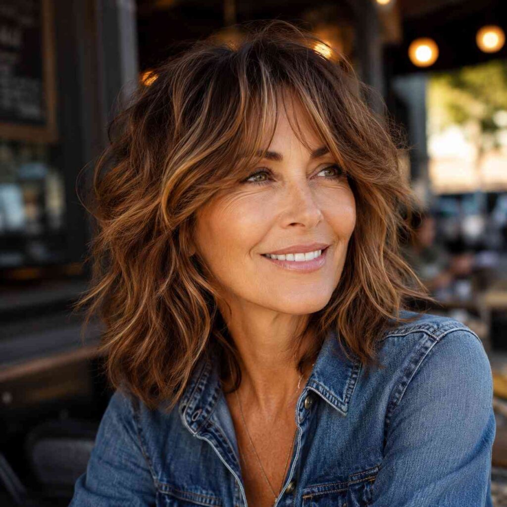 Vibrant older woman with a modern shag haircut and curtain bangs in chestnut brown with caramel highlights