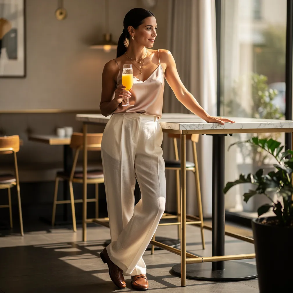 Wide-leg trousers + silky cami + loafers. 