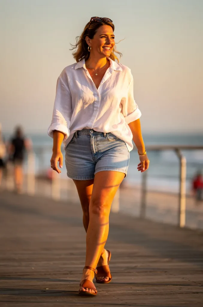 Denim cutoffs + oversized button-down + sandals. 