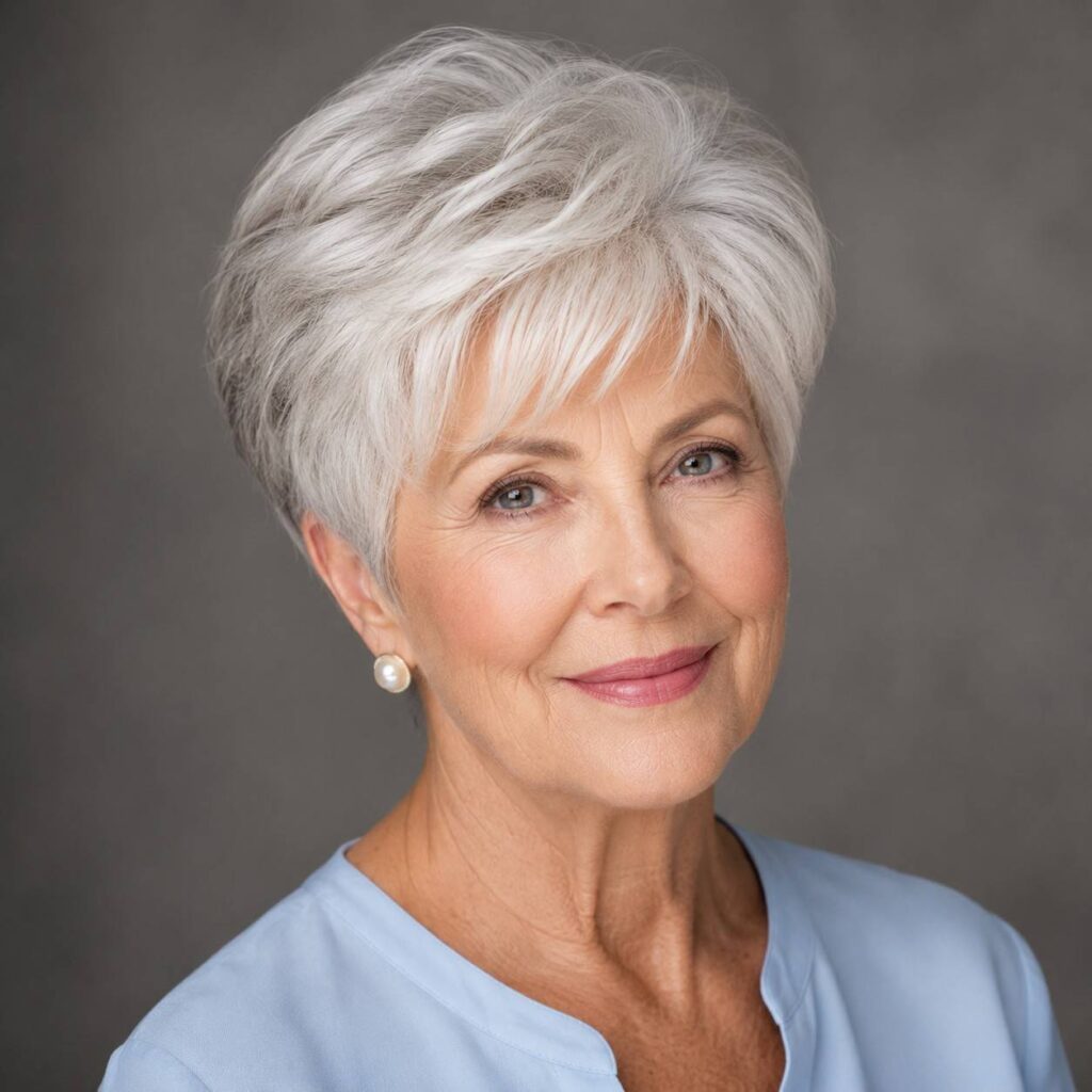 Elegant senior woman with a modern wedge haircut showing crown volume and tapered sides in silver-white
