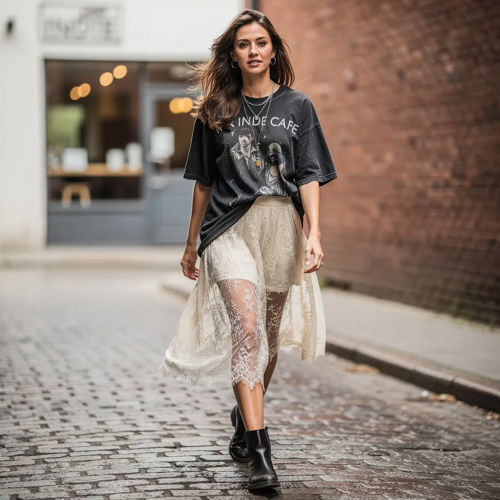 Lace skirt + graphic tee + biker boots. 