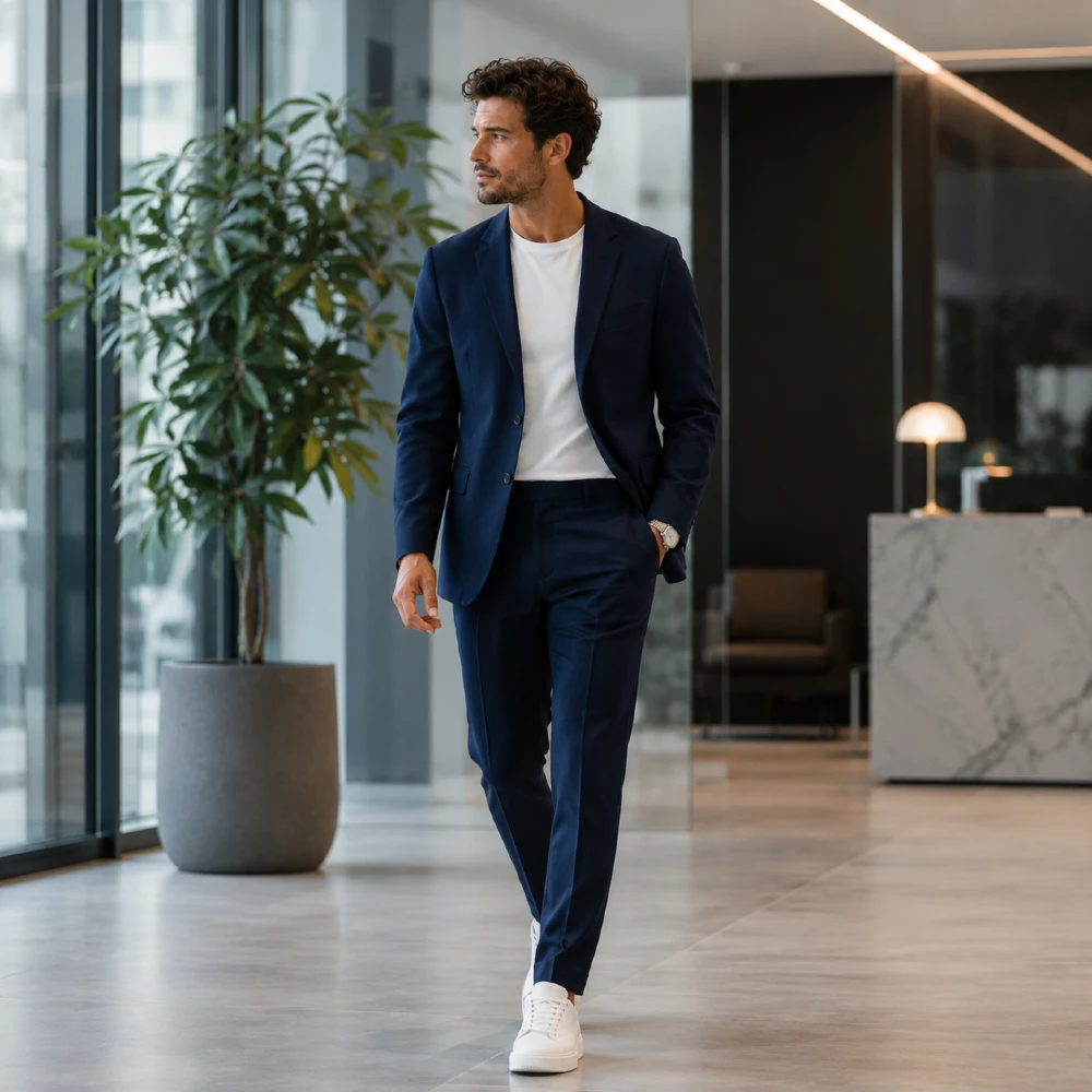 The Navy Suit with White Sneakers