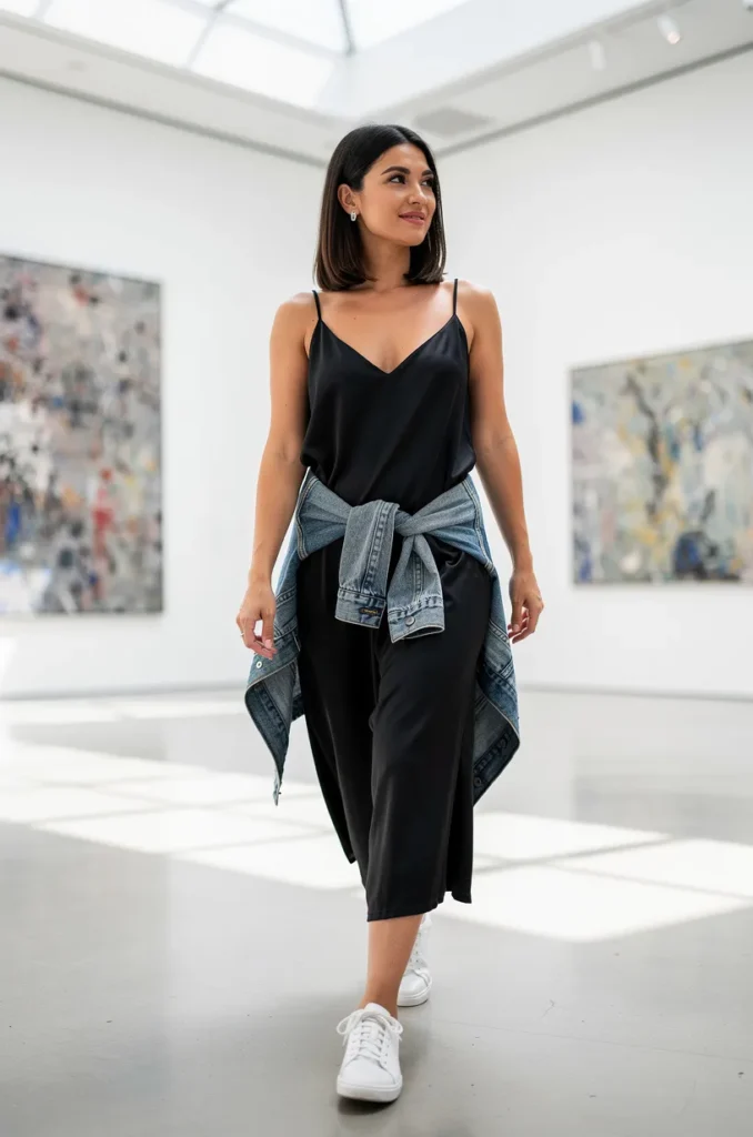 Slip dress + sneakers + denim jacket.