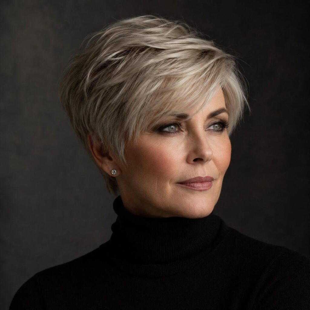 Stylish older woman with a side-swept pixie haircut and long bangs in cool ash-blonde tones