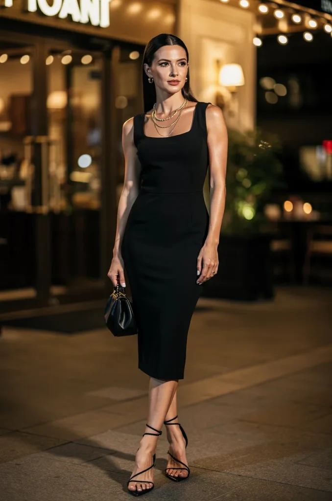 Black midi dress + gold jewelry + heels. 