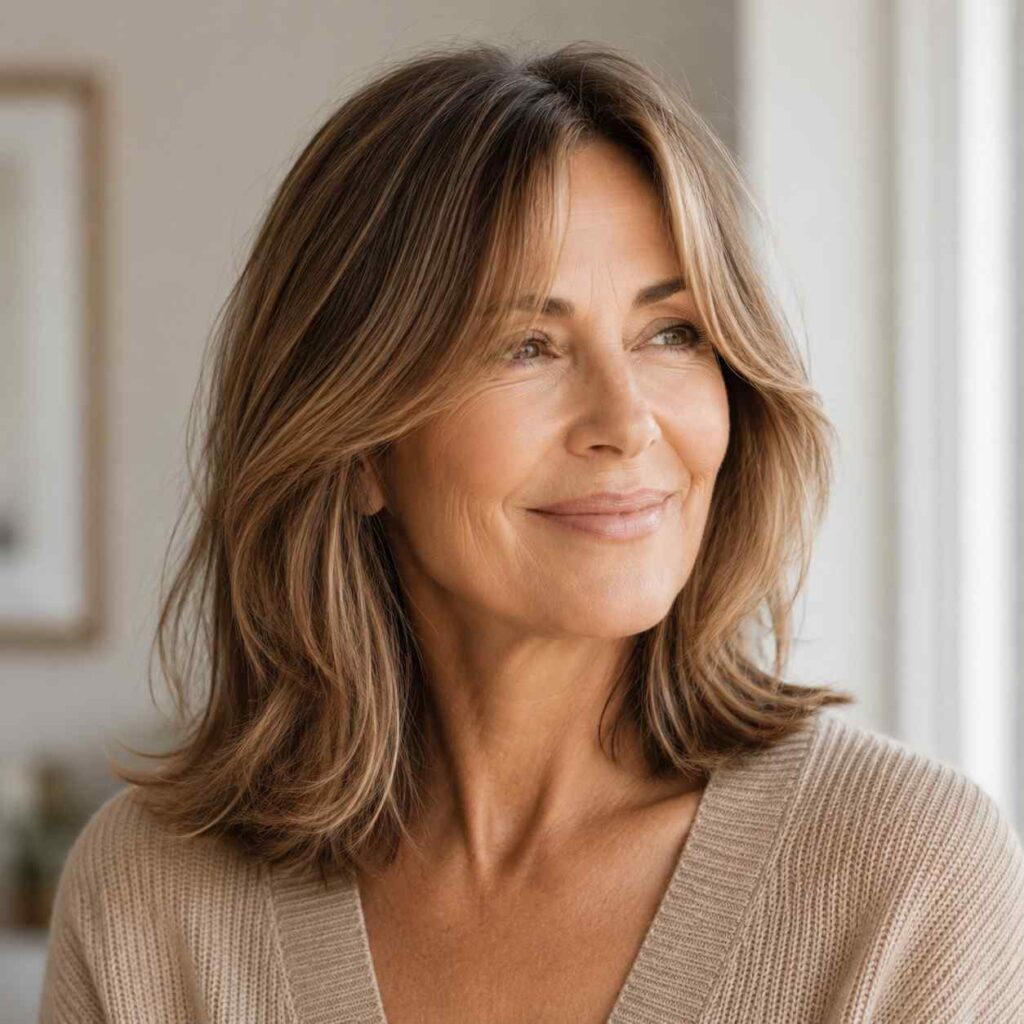Graceful older woman with a shoulder-length haircut and curtain bangs in warm caramel brunette
