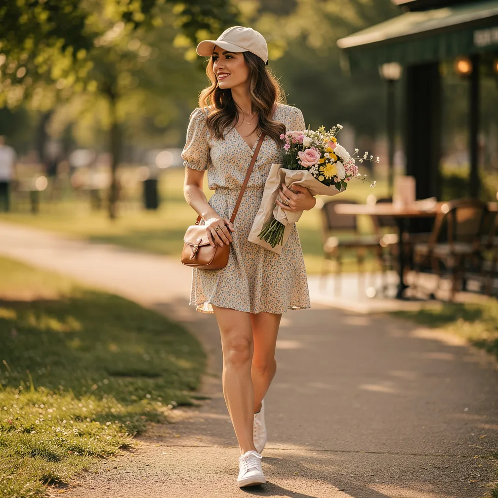 Floral sundress + white sneakers + crossbody. 