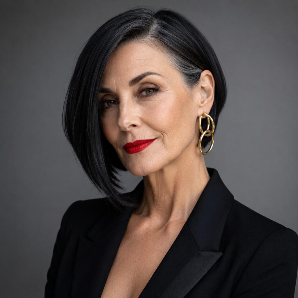 Confident older woman with a sleek asymmetrical bob haircut in glossy black with silver accents at temples