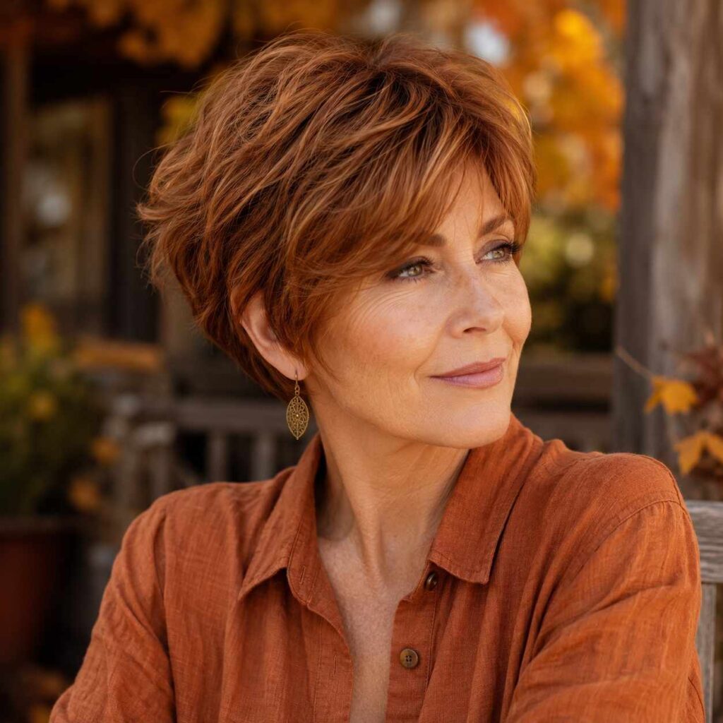 Modern older woman with a voluminous bixie haircut combining bob and pixie features in warm auburn-copper