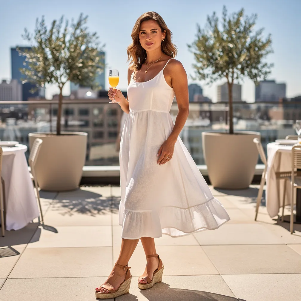 White dress + espadrille wedges + delicate jewelry. 