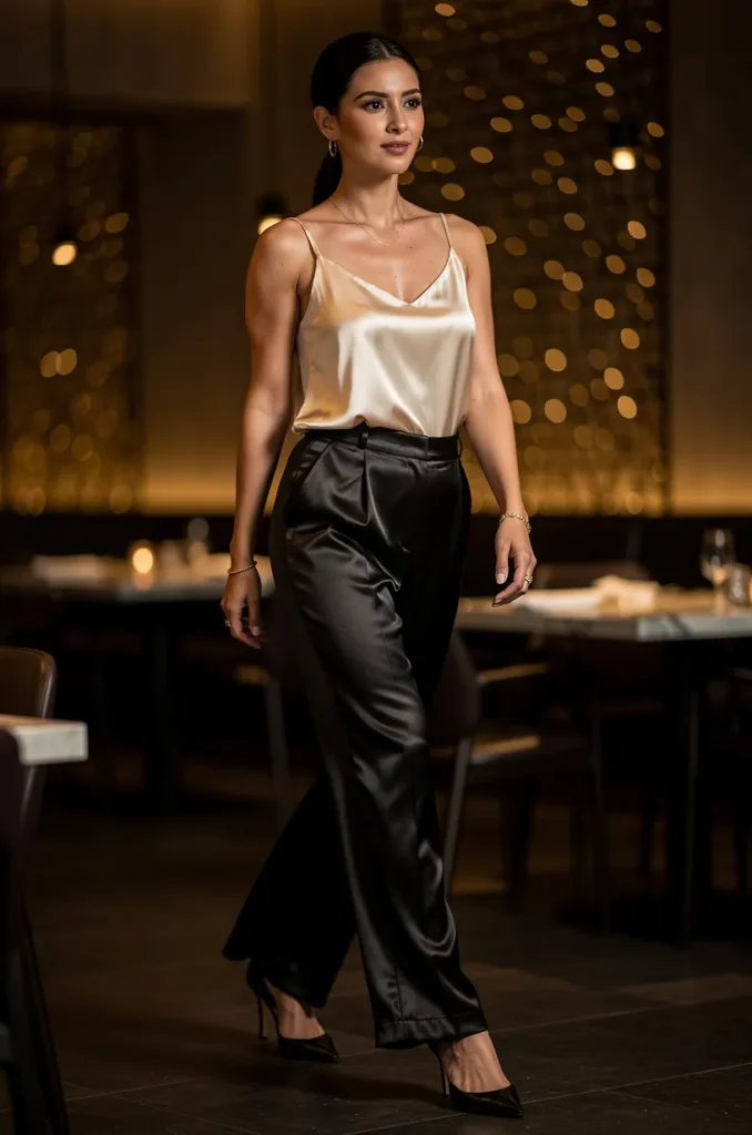 Wide-leg trousers + silk camisole + heels. 